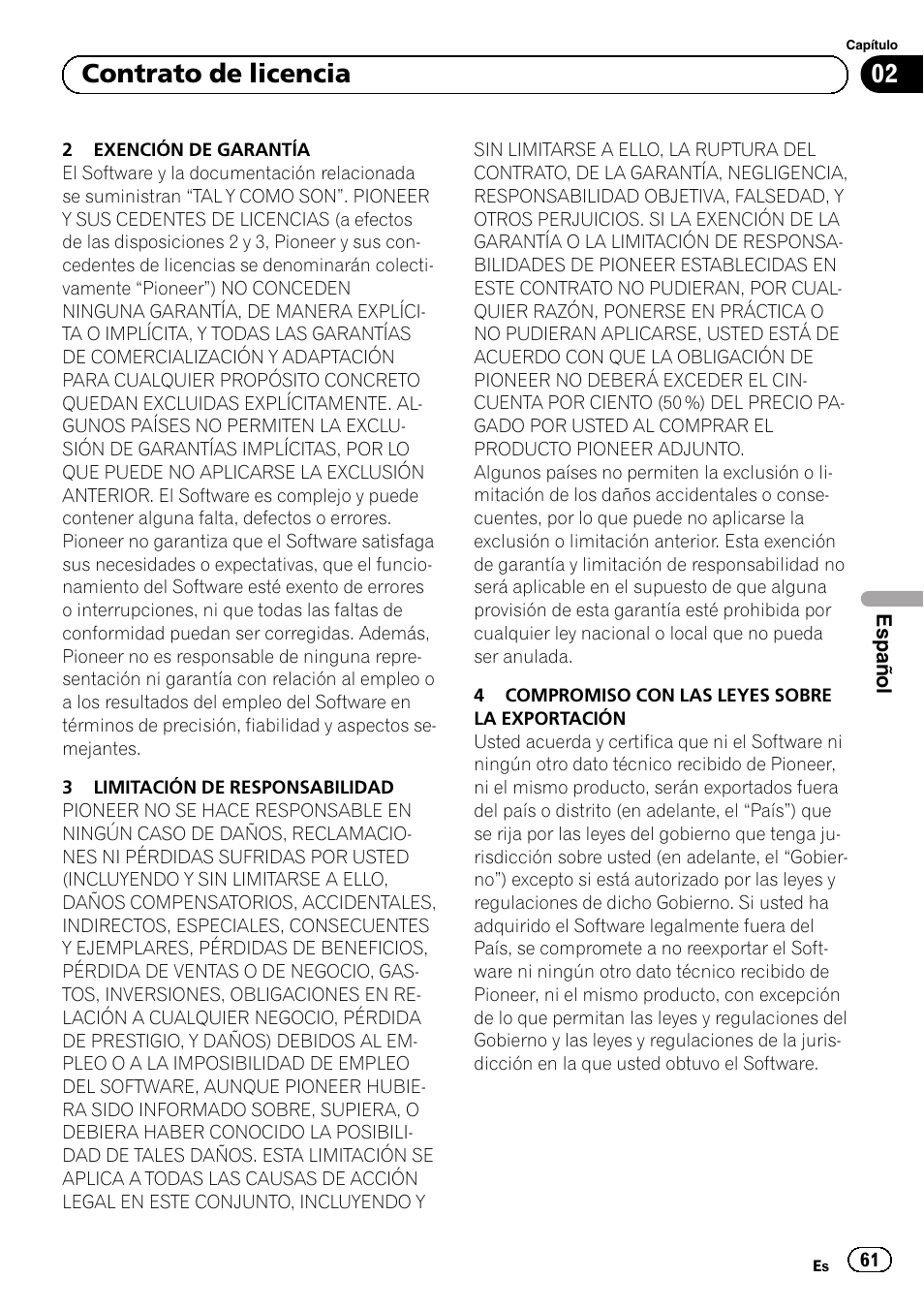 02 contrato de licencia | Pioneer AVIC-F310BT User Manual | Page 61 / 100