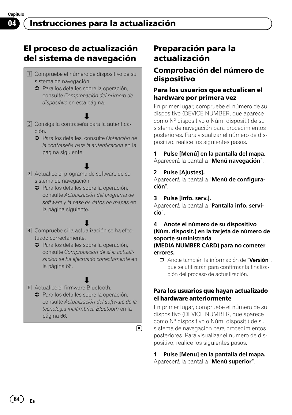 Navegación, Preparación para la actualización, Comprobación del número de | Dispositivo, 04 instrucciones para la actualización, Comprobación del número de dispositivo | Pioneer AVIC-F310BT User Manual | Page 64 / 100