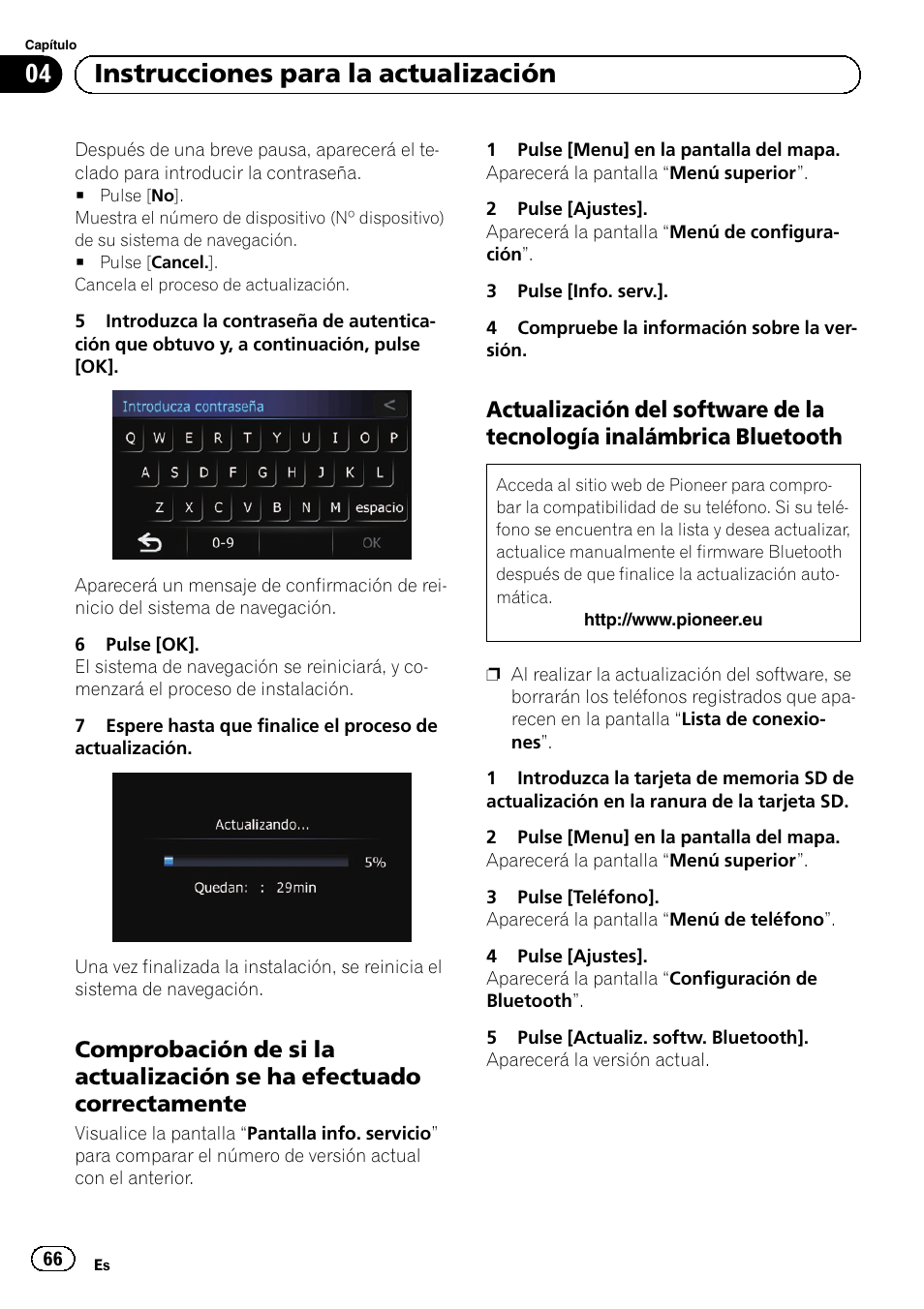 Comprobación de si la actualización se, Ha efectuado correctamente, Actualización del software de la | Tecnología inalámbrica bluetooth, 04 instrucciones para la actualización | Pioneer AVIC-F310BT User Manual | Page 66 / 100