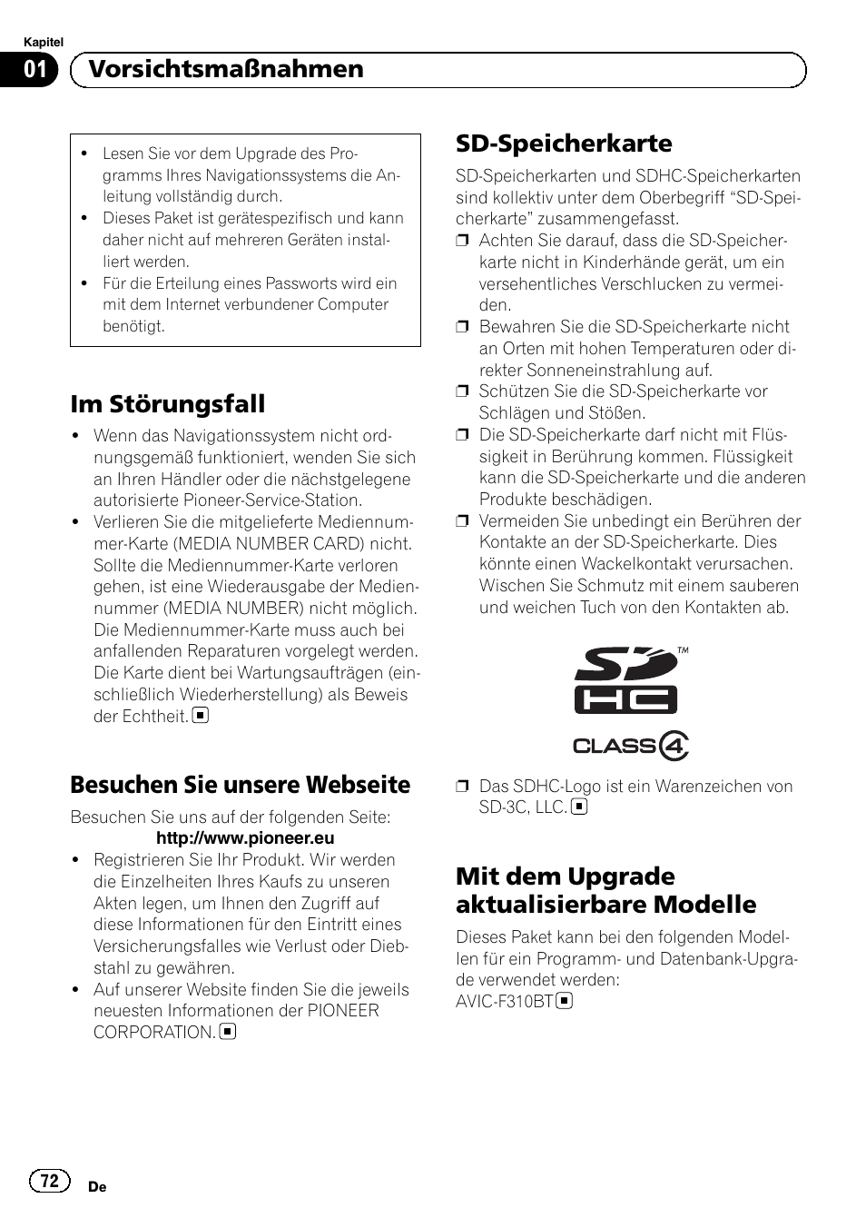 Vorsichtsmaßnahmen im störungsfall, Besuchen sie unsere webseite, Sd-speicherkarte | Mit dem upgrade aktualisierbare, Modelle, Im störungsfall, Mit dem upgrade aktualisierbare modelle, 01 vorsichtsmaßnahmen | Pioneer AVIC-F310BT User Manual | Page 72 / 100