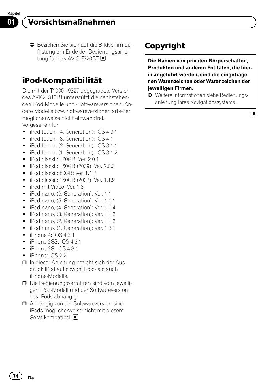 Ipod-kompatibilität, Copyright, 01 vorsichtsmaßnahmen | Pioneer AVIC-F310BT User Manual | Page 74 / 100