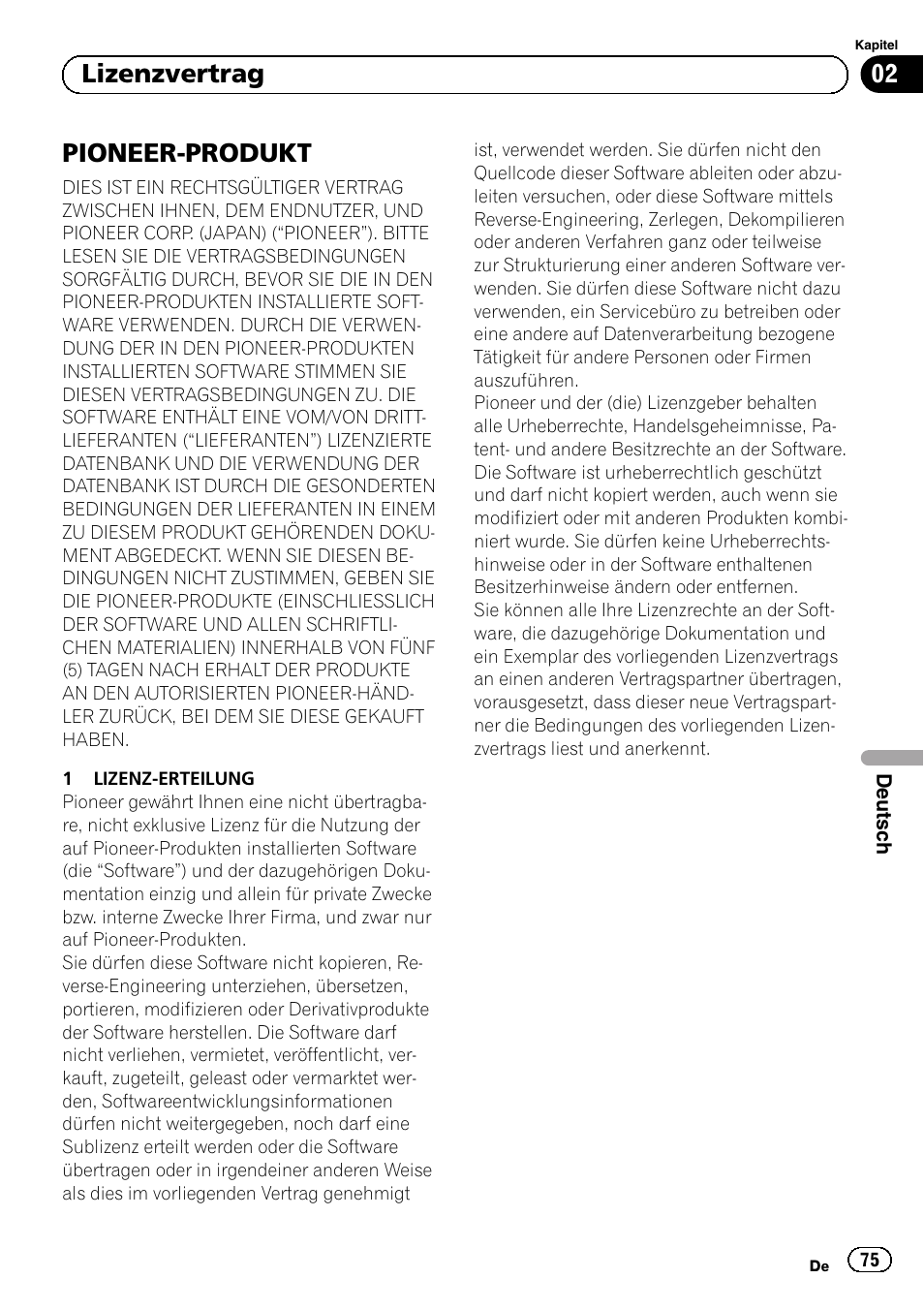 Lizenzvertrag pioneer-produkt, Pioneer-produkt, 02 lizenzvertrag | Pioneer AVIC-F310BT User Manual | Page 75 / 100