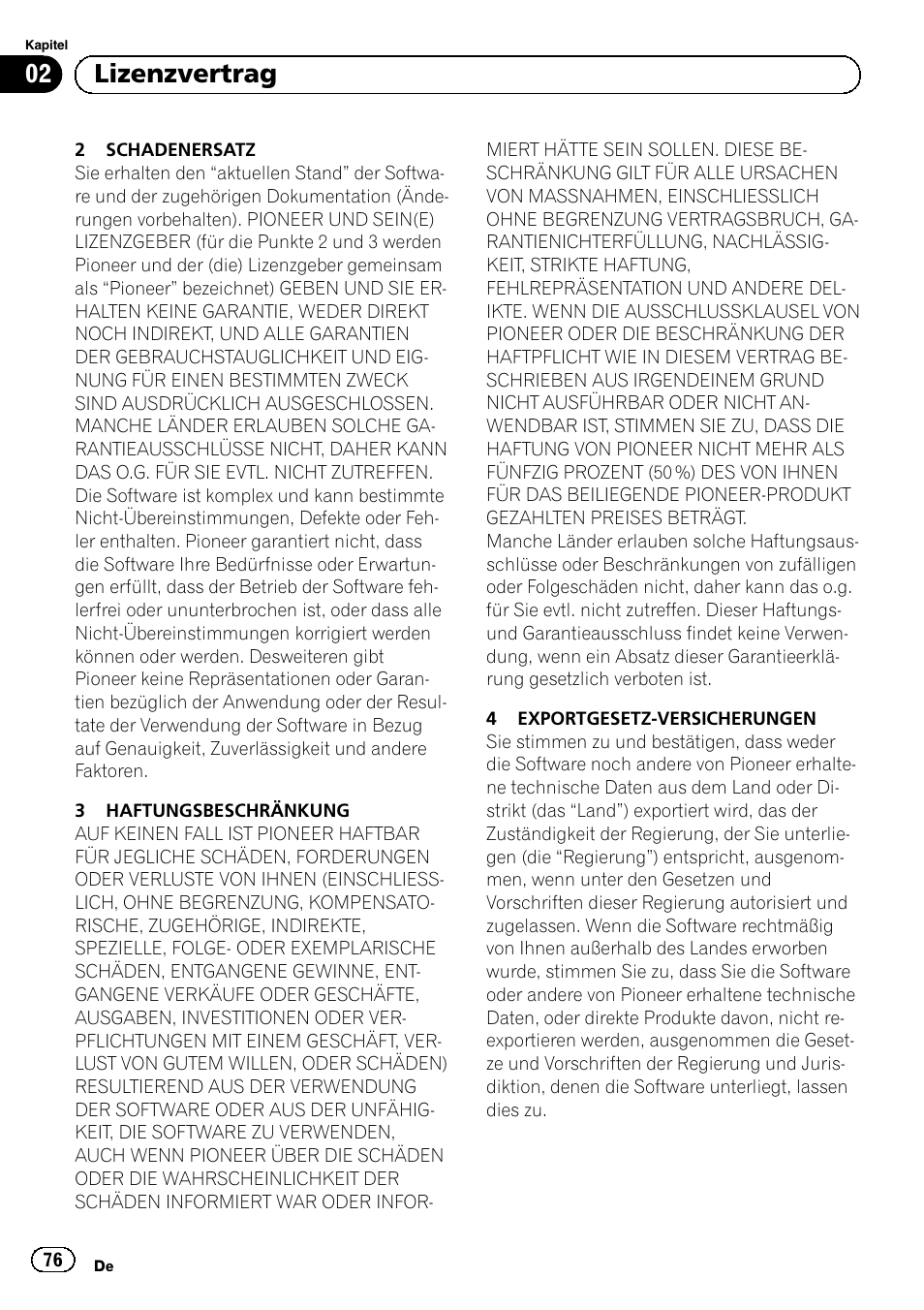 02 lizenzvertrag | Pioneer AVIC-F310BT User Manual | Page 76 / 100