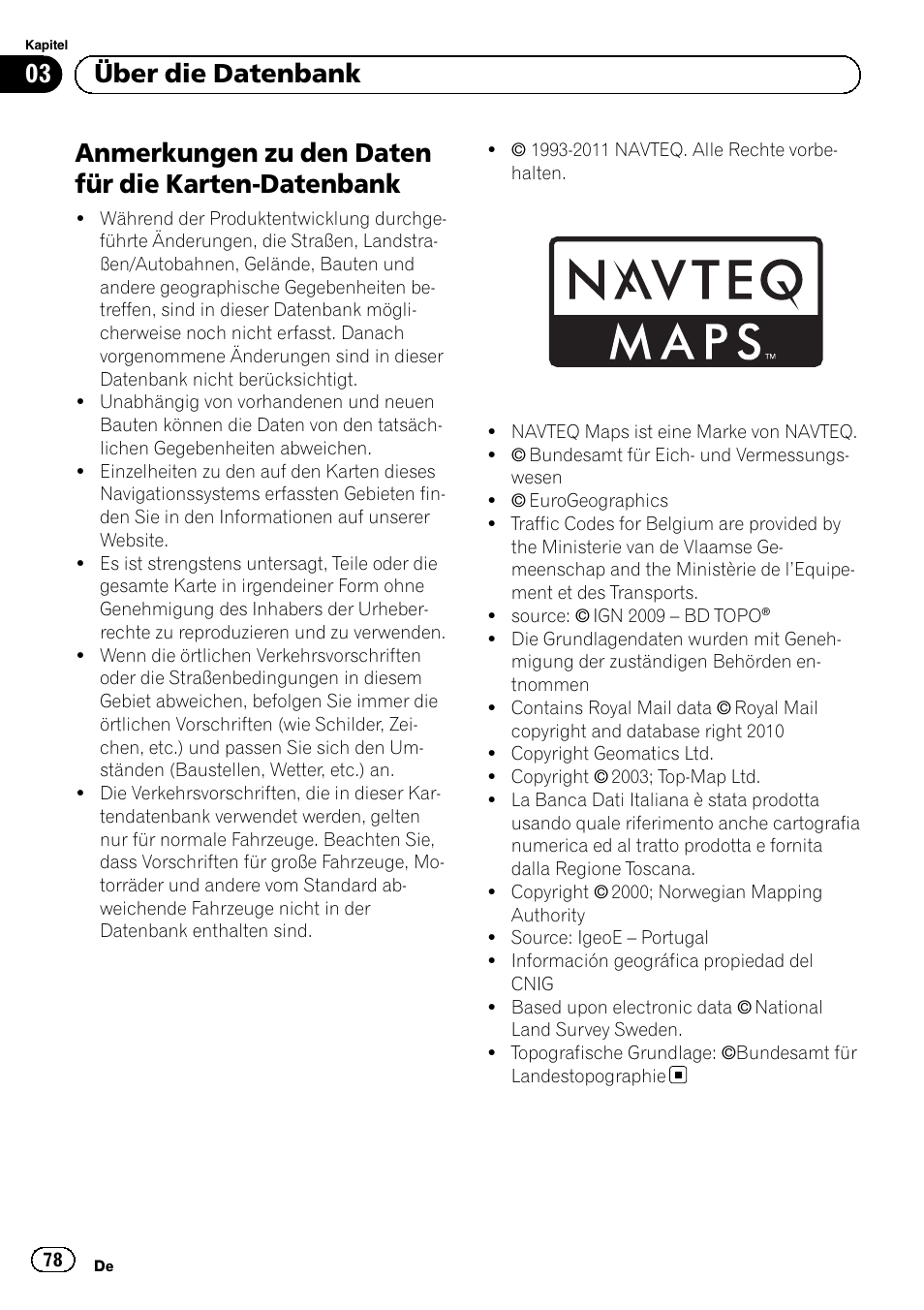 Datenbank, Anmerkungen zu den daten für die karten-datenbank, 03 über die datenbank | Pioneer AVIC-F310BT User Manual | Page 78 / 100