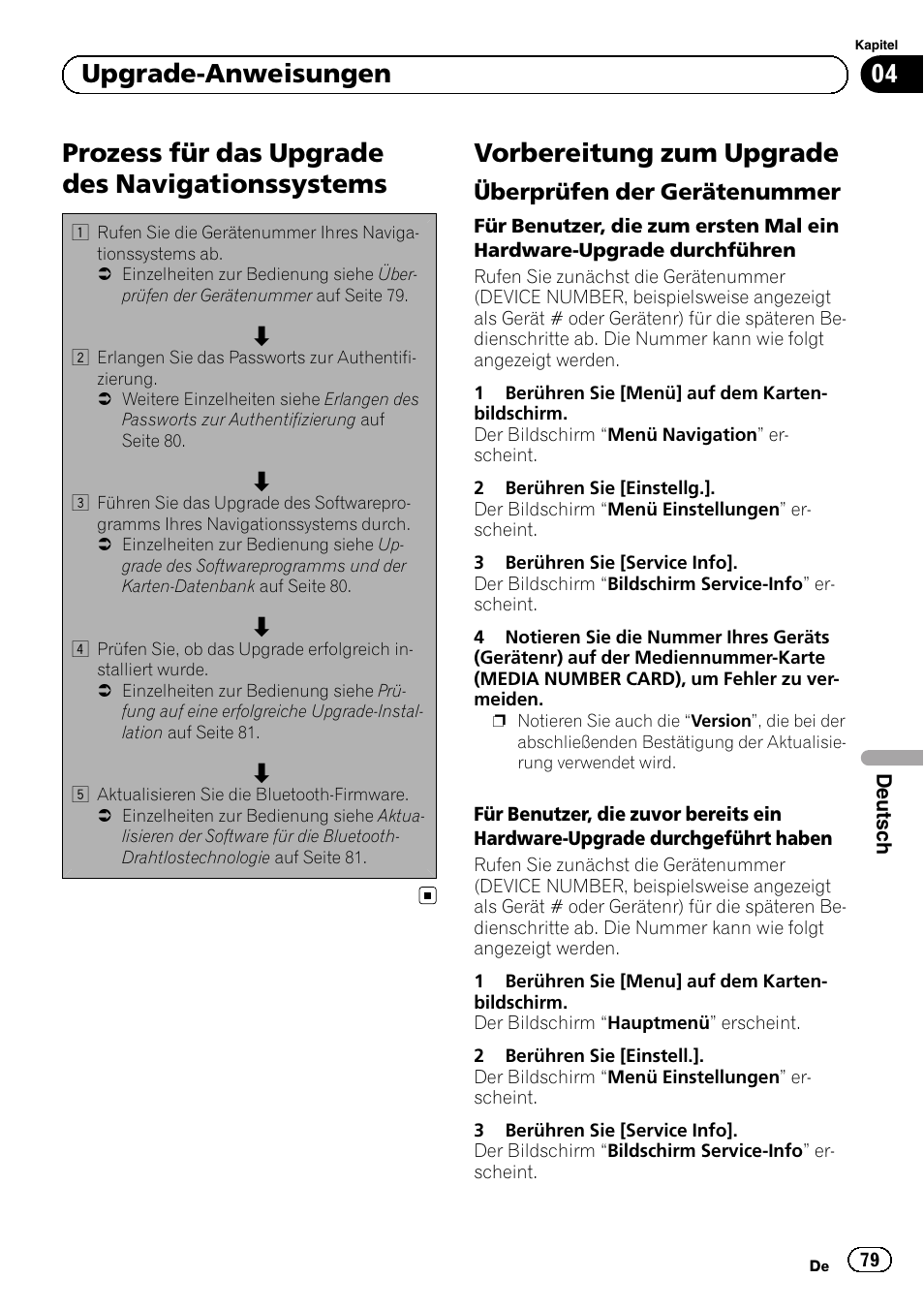 Upgrade-anweisungen prozess für das upgrade des, Navigationssystems, Vorbereitung zum upgrade | Überprüfen der gerätenummer 79, Prozess für das upgrade des navigationssystems, 04 upgrade-anweisungen, Überprüfen der gerätenummer | Pioneer AVIC-F310BT User Manual | Page 79 / 100