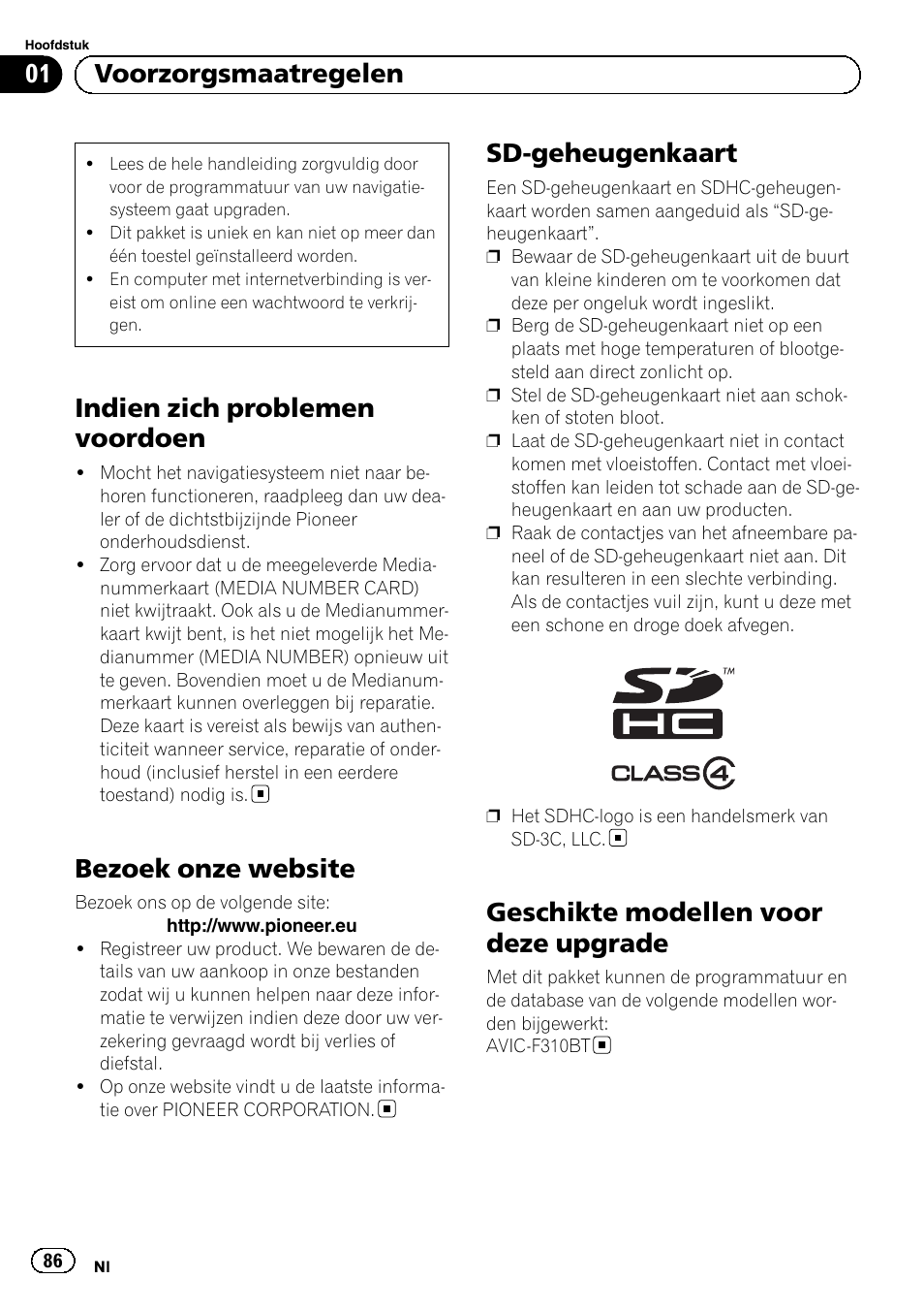 Bezoek onze website, Sd-geheugenkaart, Geschikte modellen voor deze upgrade | Indien zich problemen voordoen, 01 voorzorgsmaatregelen | Pioneer AVIC-F310BT User Manual | Page 86 / 100