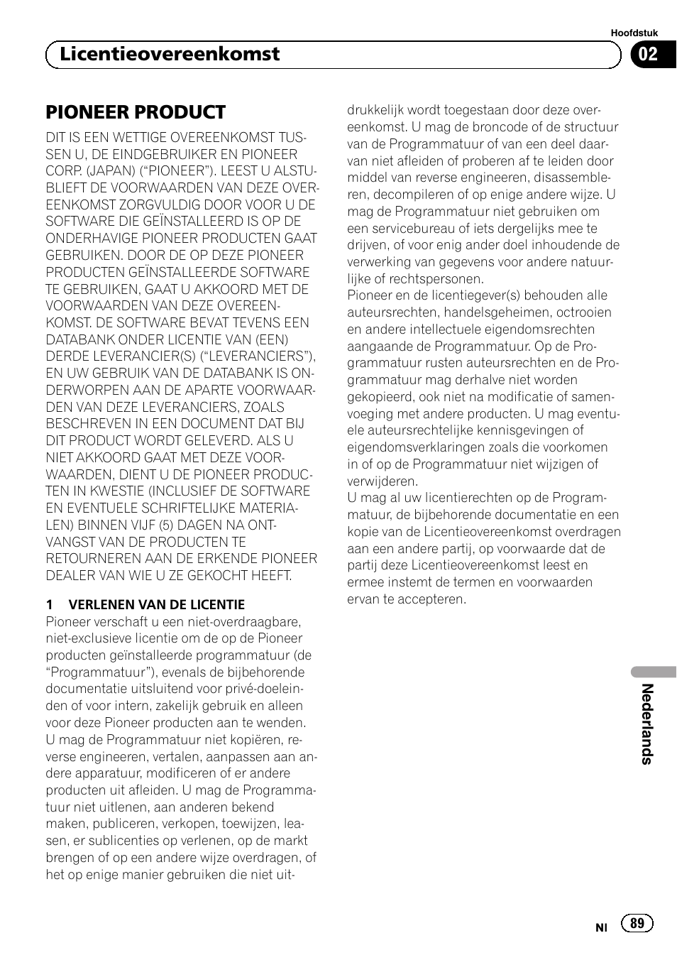 Licentieovereenkomst pioneer product, Pioneer product, 02 licentieovereenkomst | Pioneer AVIC-F310BT User Manual | Page 89 / 100
