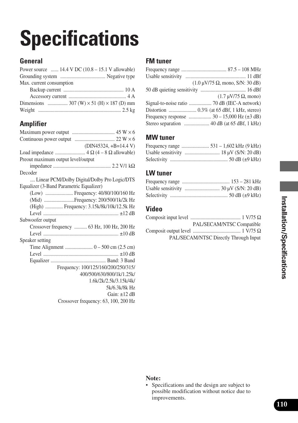 Specifications | Pioneer AVM-P9000R User Manual | Page 111 / 112