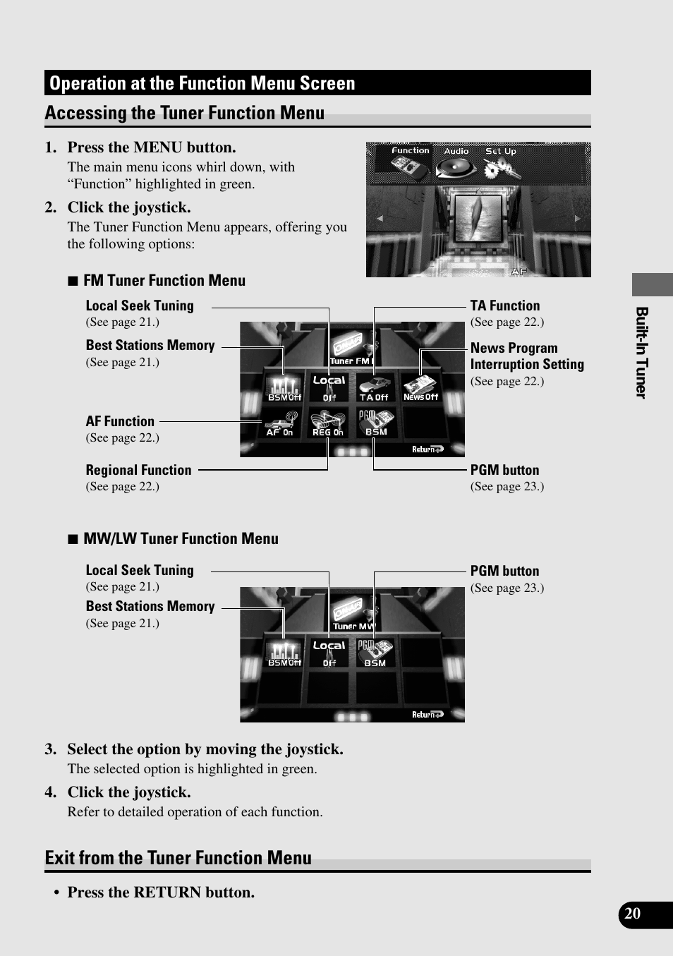 Operation at the function menu screen, Accessing the tuner function menu, Exit from the tuner function menu | Pioneer AVM-P9000R User Manual | Page 21 / 112