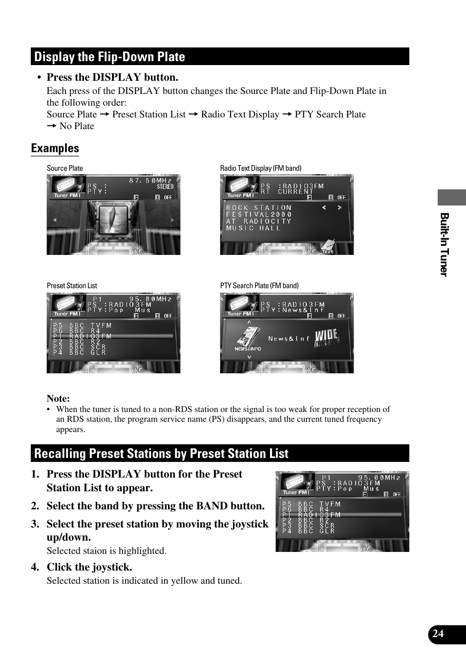 Station list, Display the flip-down plate, Recalling preset stations by preset station list | Examples | Pioneer AVM-P9000R User Manual | Page 25 / 112