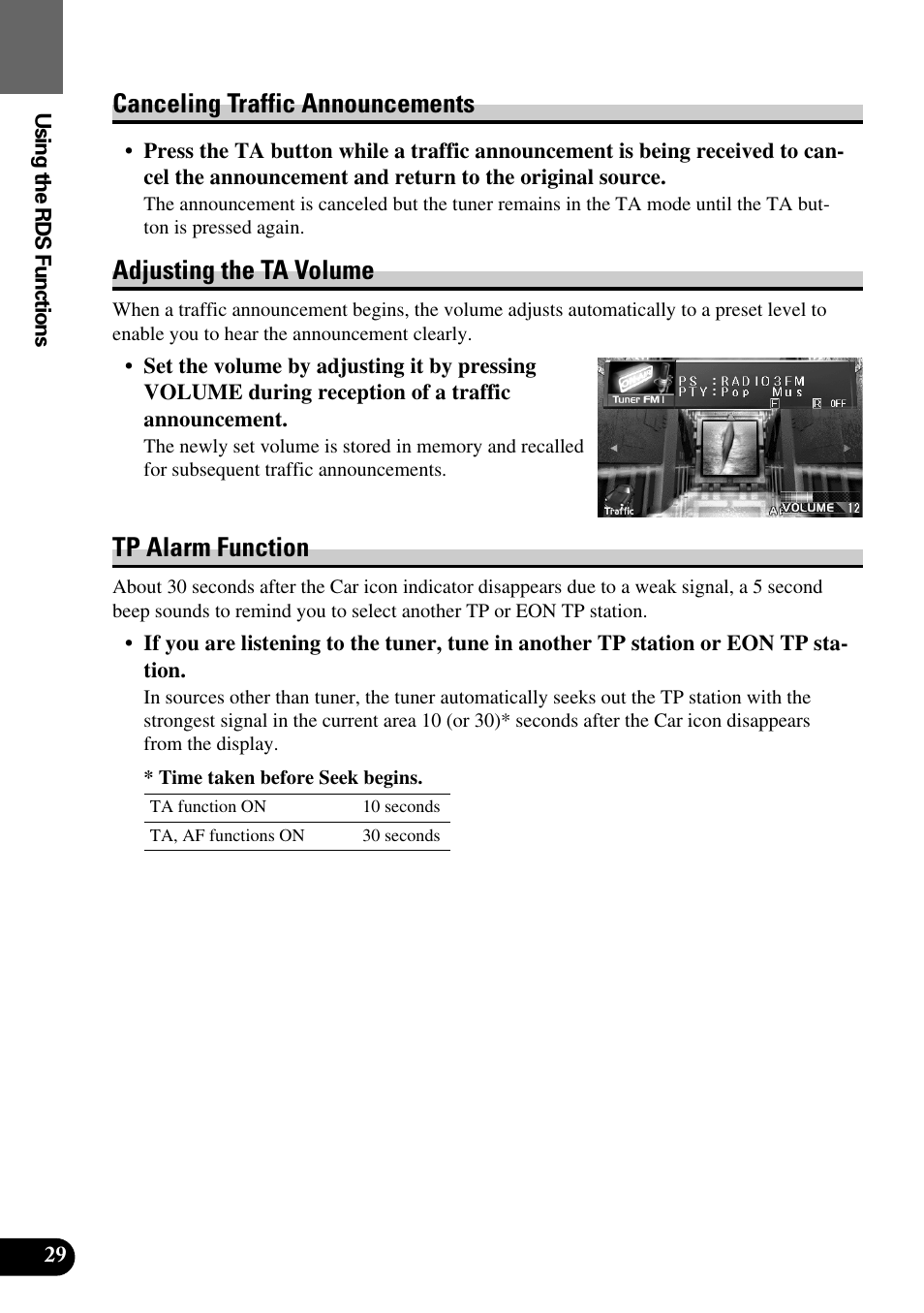 Canceling traffic announcements, Adjusting the ta volume, Tp alarm function | Pioneer AVM-P9000R User Manual | Page 30 / 112