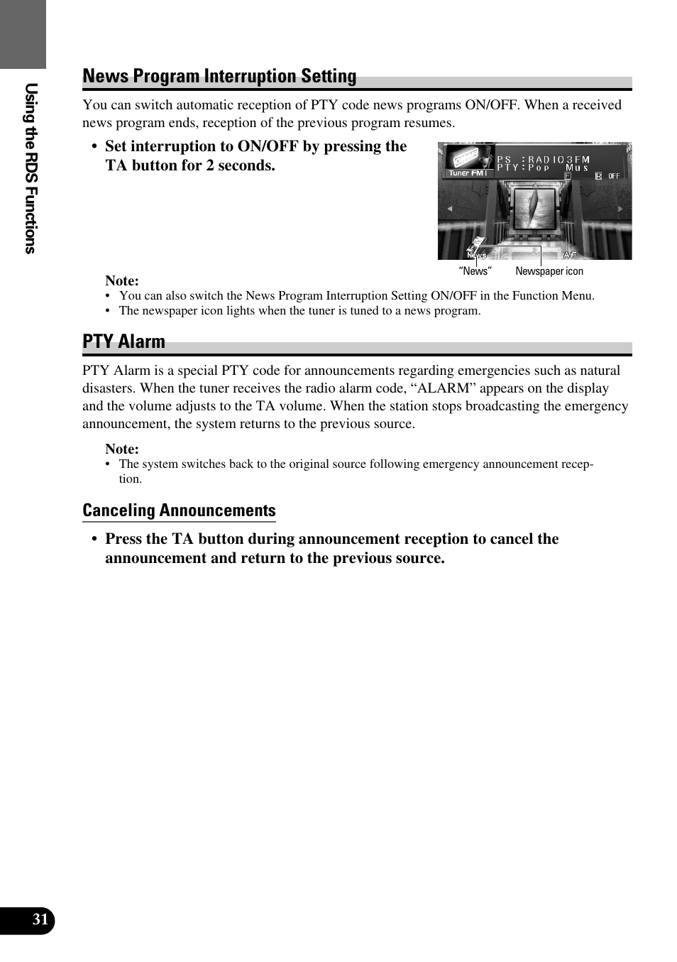 News program interruption setting • pty alarm, News program interruption setting, Pty alarm | Canceling announcements | Pioneer AVM-P9000R User Manual | Page 32 / 112