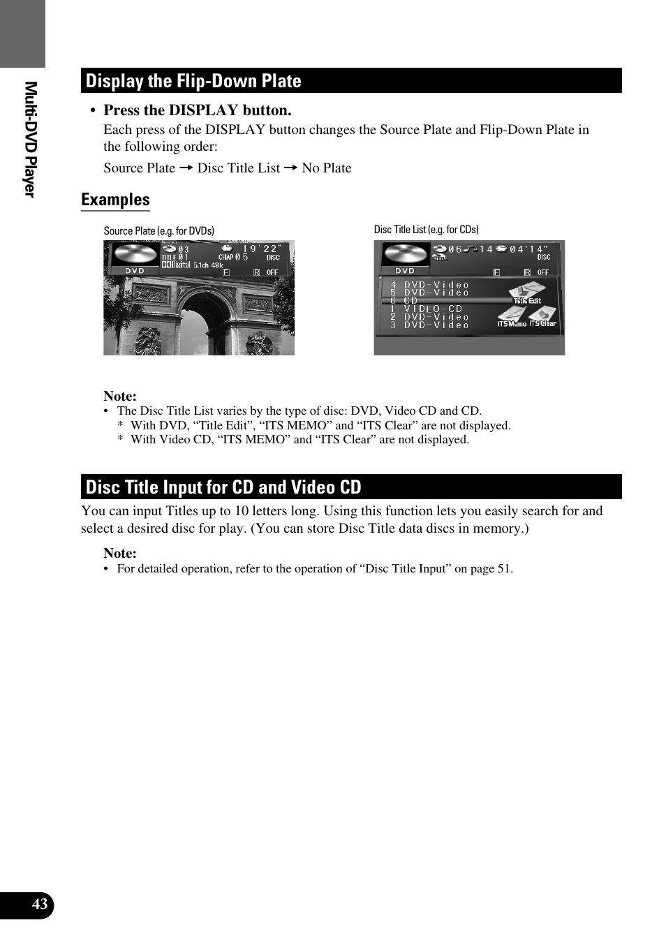 Display the flip-down plate, Disc title input for cd and video cd, Examples | Pioneer AVM-P9000R User Manual | Page 44 / 112