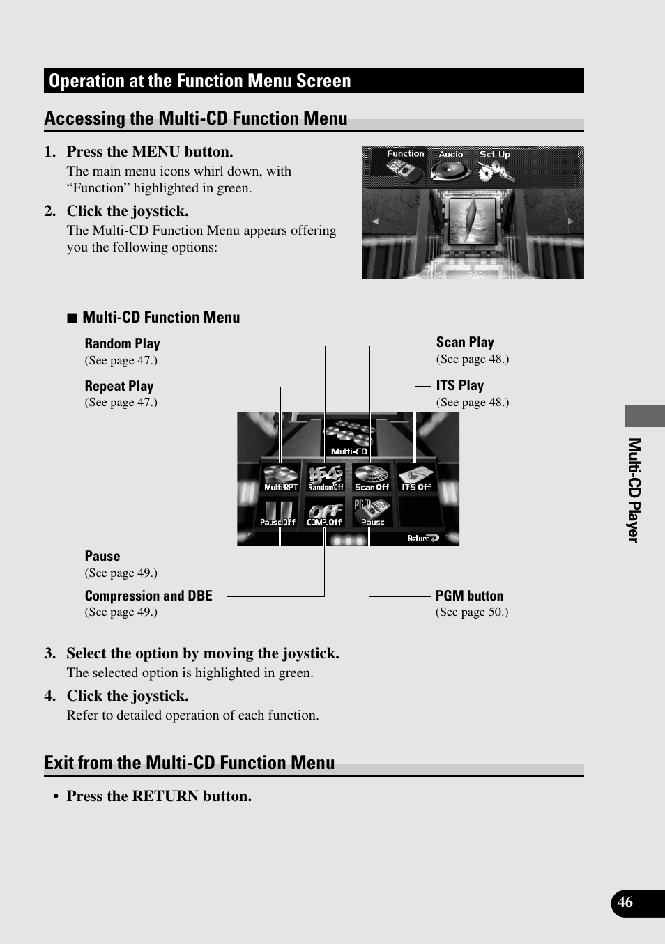 Operation at the function menu screen, Accessing the multi-cd function menu, Exit from the multi-cd function menu | Pioneer AVM-P9000R User Manual | Page 47 / 112