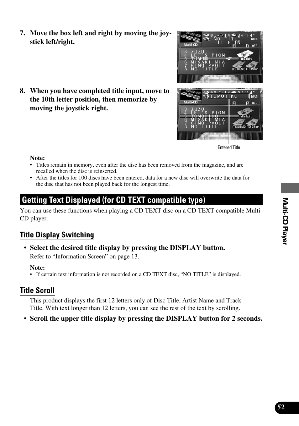 Getting text displayed, For cd text compatible type), Title display switching | Title scroll | Pioneer AVM-P9000R User Manual | Page 53 / 112