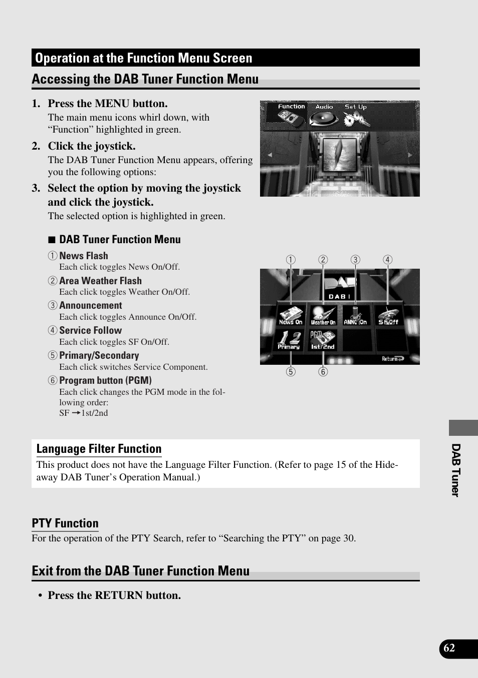 Operation at the function menu screen, Accessing the dab tuner function menu, Exit from the dab tuner function menu | Pty function, Language filter function | Pioneer AVM-P9000R User Manual | Page 63 / 112