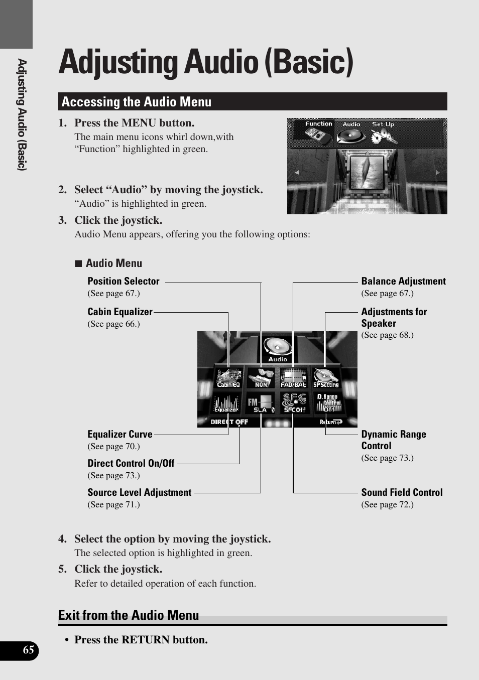 Adjusting audio (basic), Accessing the audio menu, Exit from the audio menu | Pioneer AVM-P9000R User Manual | Page 66 / 112