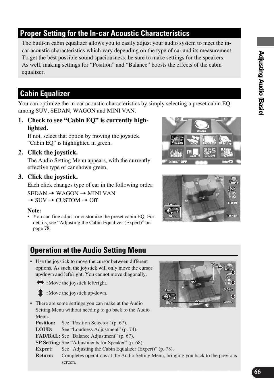 Proper setting for the in-car, Acoustic characteristics, Cabin equalizer | Operation at the audio setting menu | Pioneer AVM-P9000R User Manual | Page 67 / 112