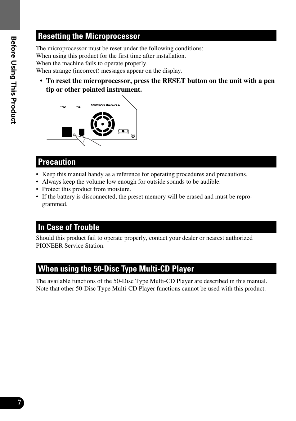 Resetting the microprocessor, Precaution, When using the 50-disc type multi-cd player | Pioneer AVM-P9000R User Manual | Page 8 / 112