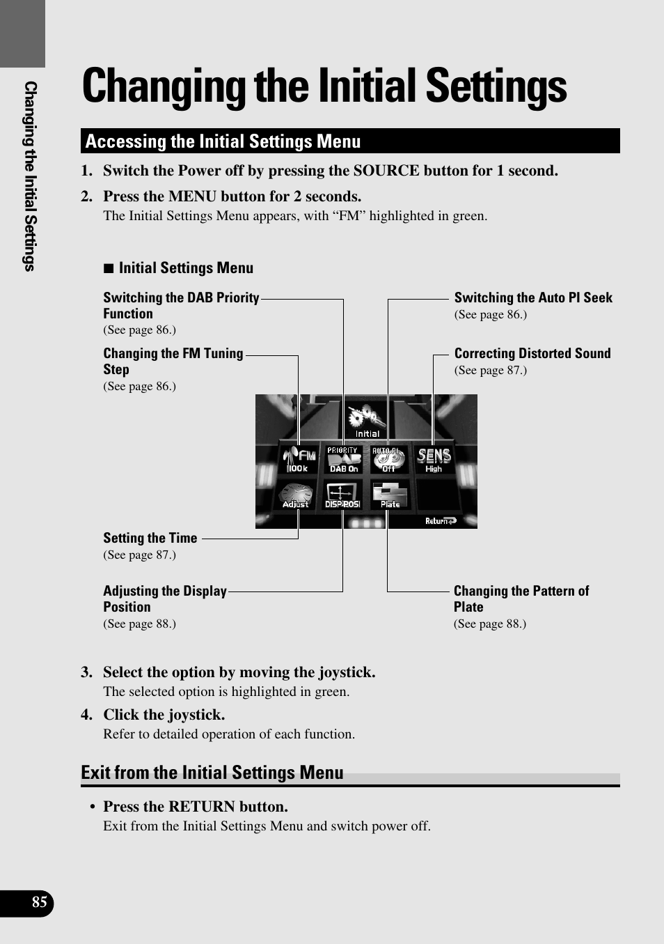 Changing the initial settings, Accessing the initial settings menu, Exit from the initial settings menu | Pioneer AVM-P9000R User Manual | Page 86 / 112