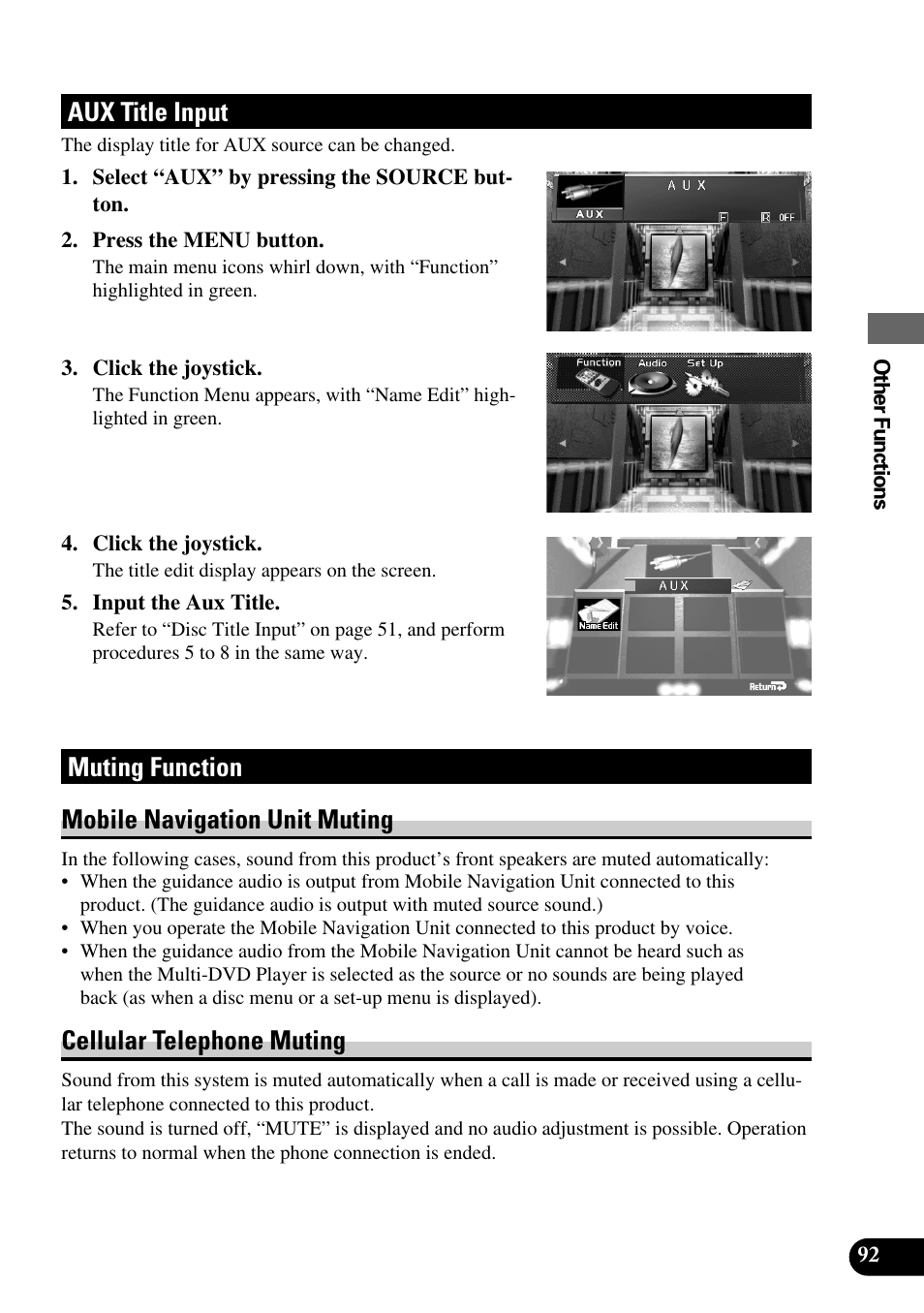 Aux title input muting function, Aux title input, Muting function mobile navigation unit muting | Cellular telephone muting | Pioneer AVM-P9000R User Manual | Page 93 / 112