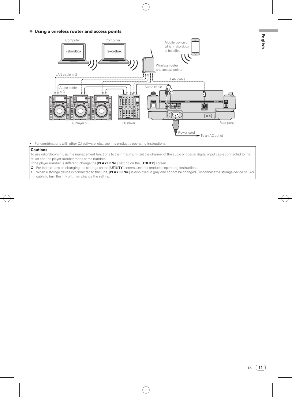 English, Using a wireless router and access points, Cautions | Pioneer CDJ-2000NXS User Manual | Page 11 / 116