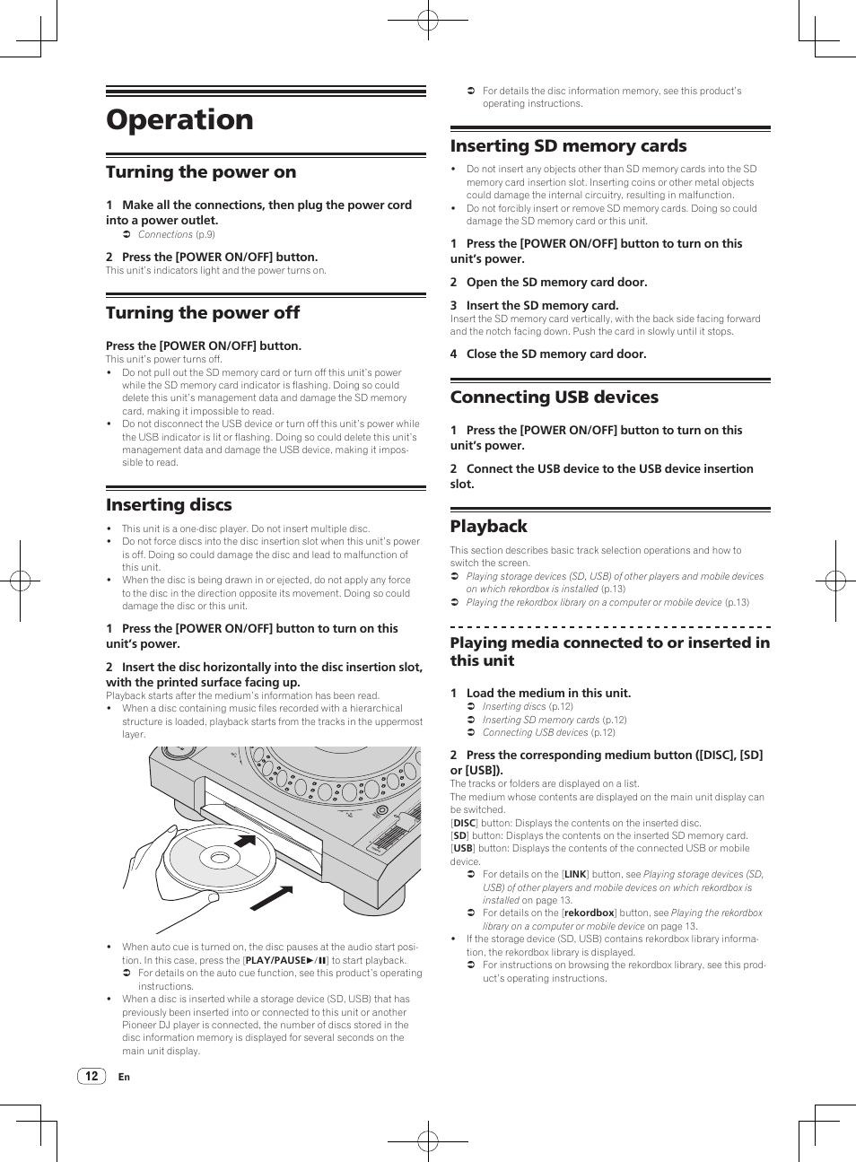 Operation, Turning the power on, Turning the power off | Inserting discs, Connecting usb devices, Playback | Pioneer CDJ-2000NXS User Manual | Page 12 / 116