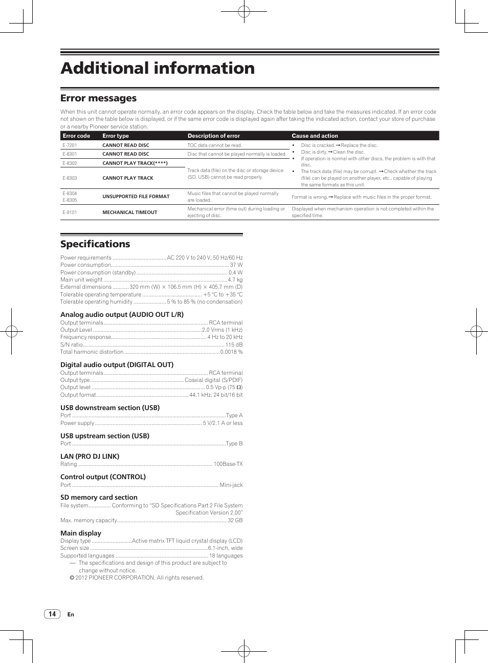 Additional information, Error messages, Specifications | Pioneer CDJ-2000NXS User Manual | Page 14 / 116