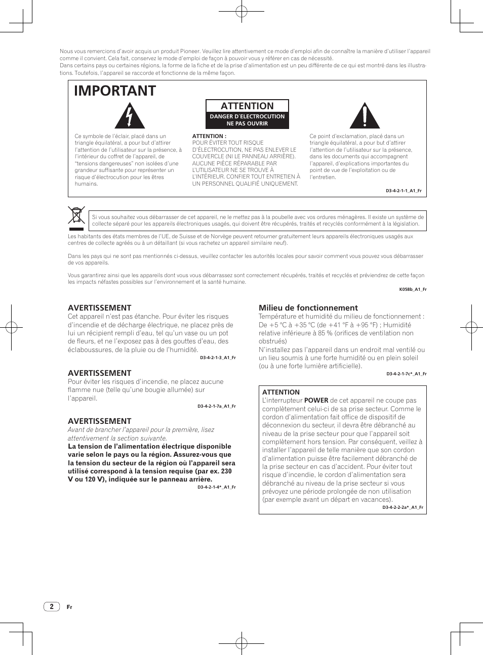 Lecteur de multi, Important, Attention | Avertissement, Milieu de fonctionnement | Pioneer CDJ-2000NXS User Manual | Page 16 / 116