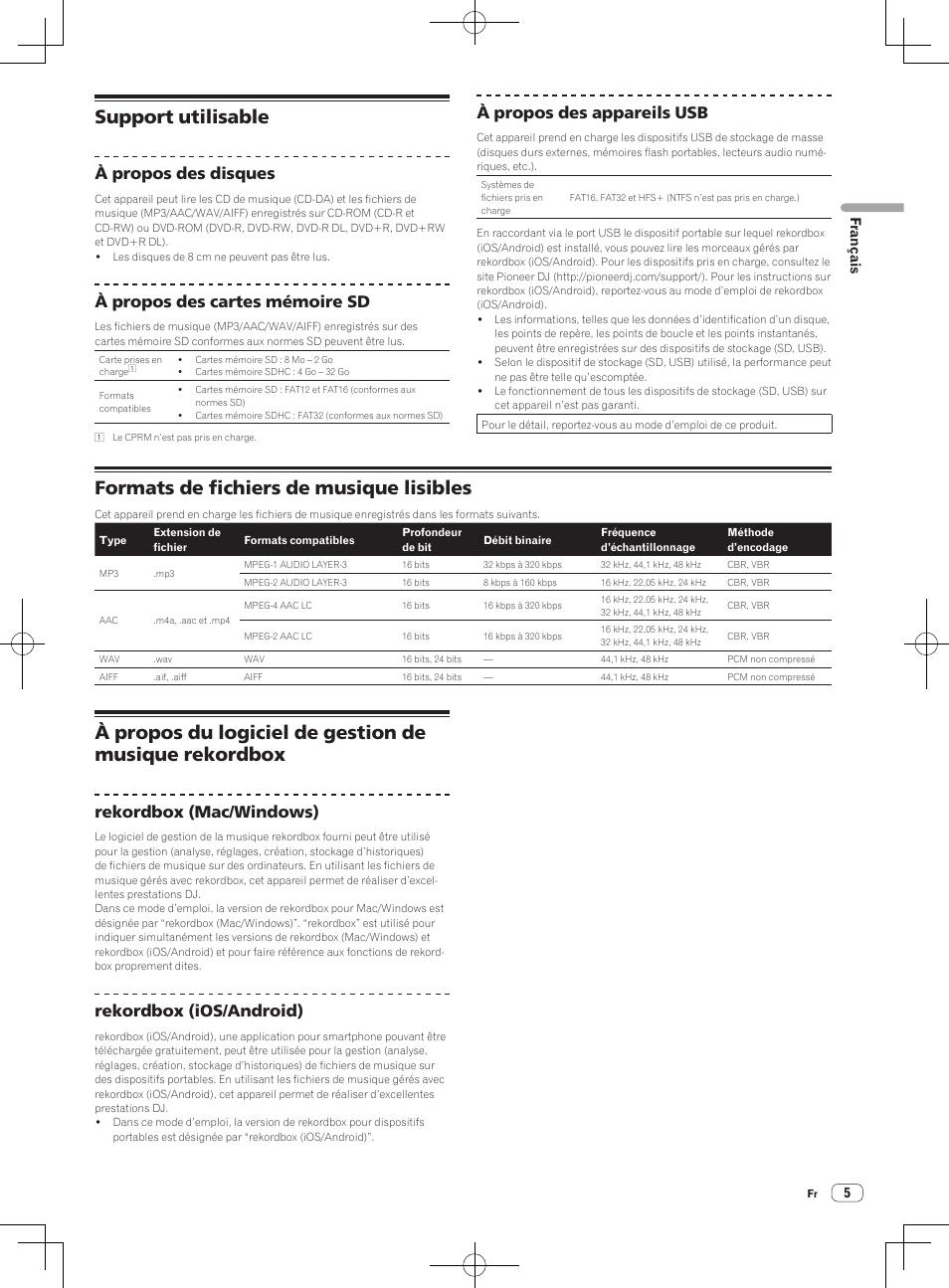 Support utilisable, Formats de fichiers de musique lisibles, À propos des disques | À propos des cartes mémoire sd, À propos des appareils usb, Rekordbox (mac/windows), Rekordbox (ios/android) | Pioneer CDJ-2000NXS User Manual | Page 19 / 116