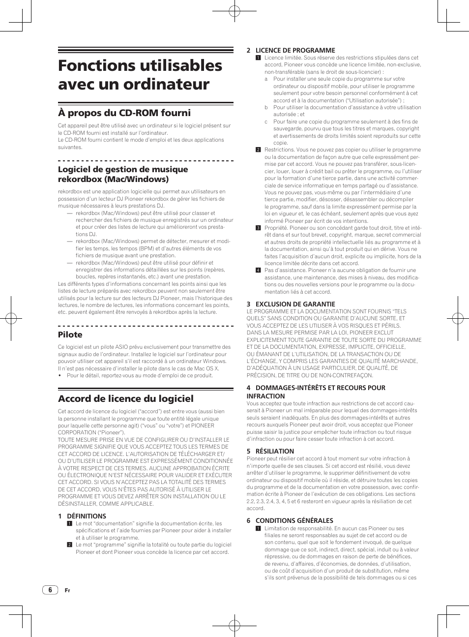 Fonctions utilisables avec un ordinateur, À propos du cd-rom fourni, Accord de licence du logiciel | Pioneer CDJ-2000NXS User Manual | Page 20 / 116