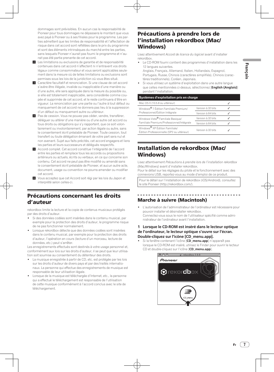 Précautions concernant les droits d’auteur, Installation de rekordbox (mac/ windows), Marche à suivre (macintosh) | Pioneer CDJ-2000NXS User Manual | Page 21 / 116