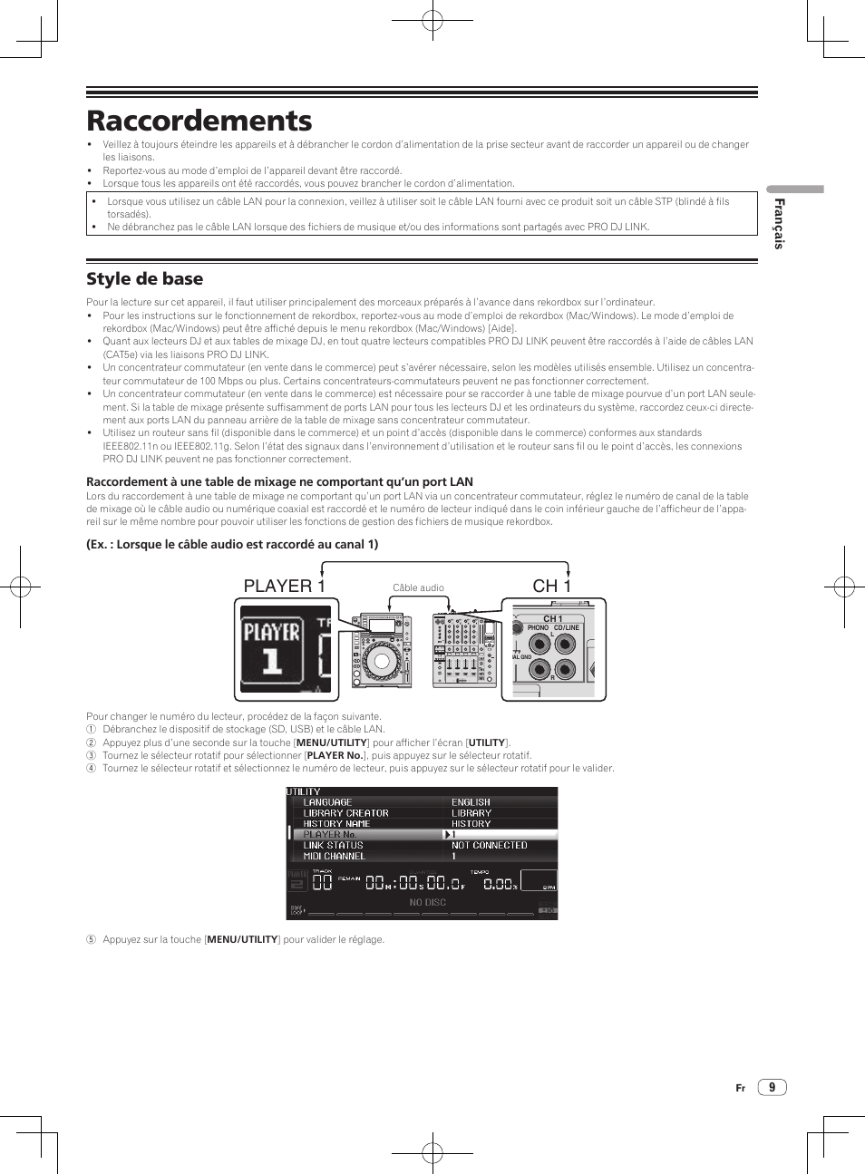 Raccordements, Style de base, Player 1 ch 1 | Pioneer CDJ-2000NXS User Manual | Page 23 / 116