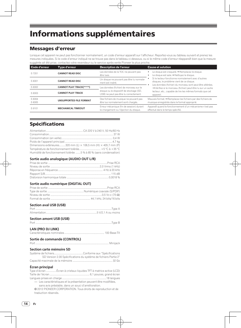 Informations supplémentaires, Messages d’erreur, Spécifications | Pioneer CDJ-2000NXS User Manual | Page 28 / 116