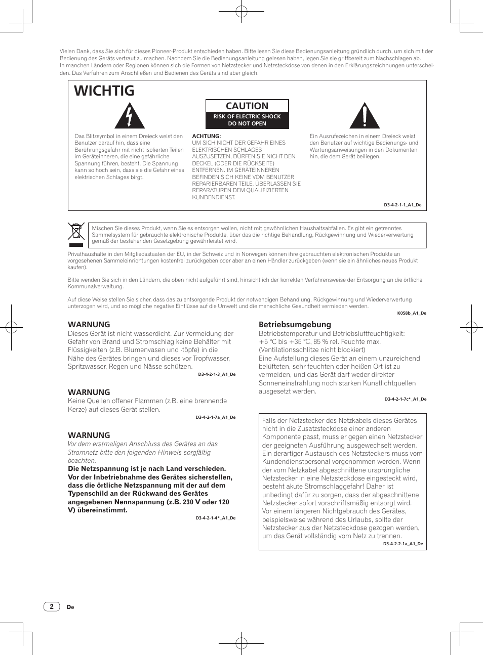 Vor gebrauch lesen (wichtig)/kurzanleitung, Multi-player, Wichtig | Caution, Warnung, Betriebsumgebung | Pioneer CDJ-2000NXS User Manual | Page 30 / 116