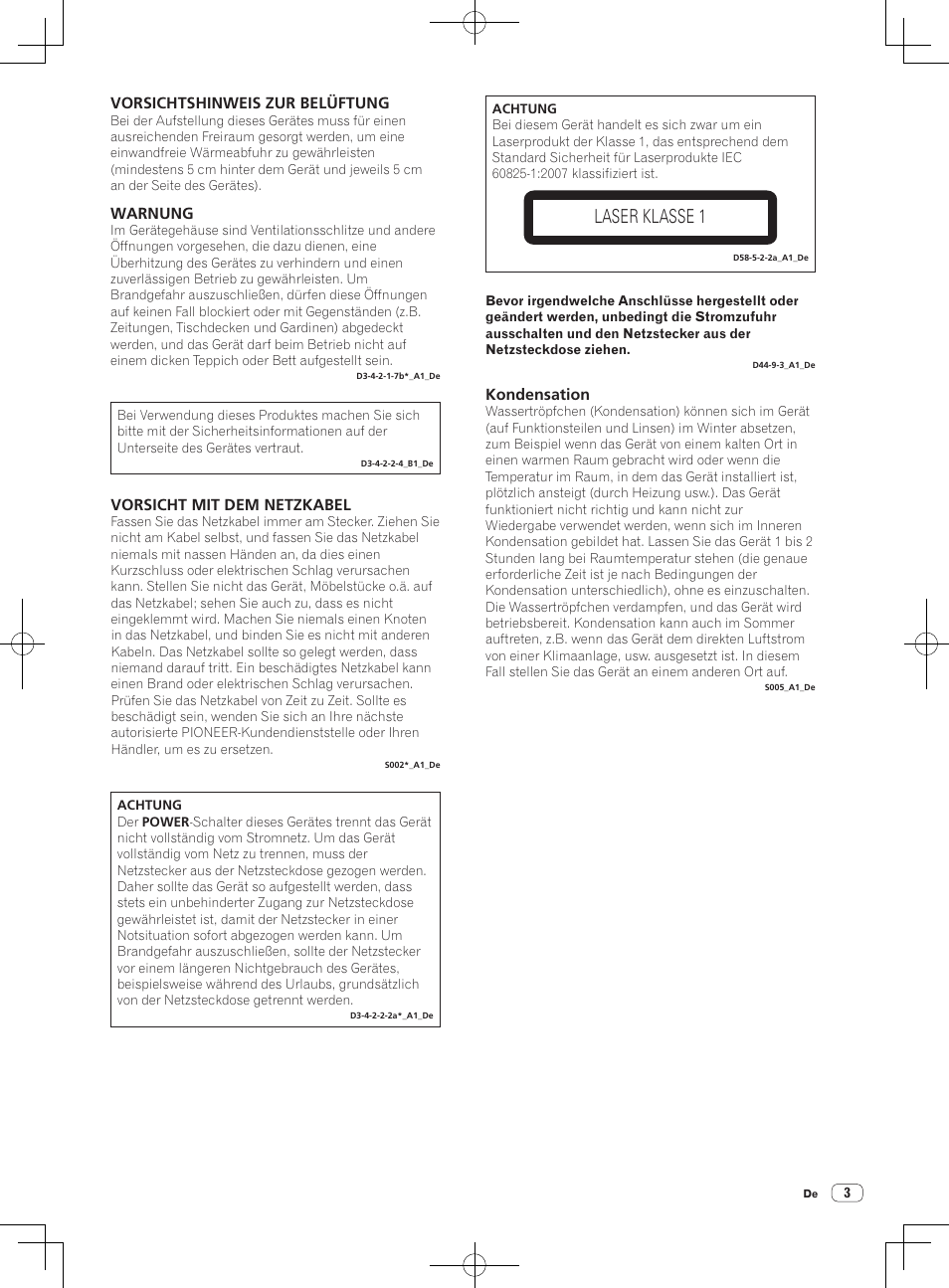 Laser klasse 1, Vorsichtshinweis zur belüftung, Warnung | Vorsicht mit dem netzkabel, Kondensation | Pioneer CDJ-2000NXS User Manual | Page 31 / 116