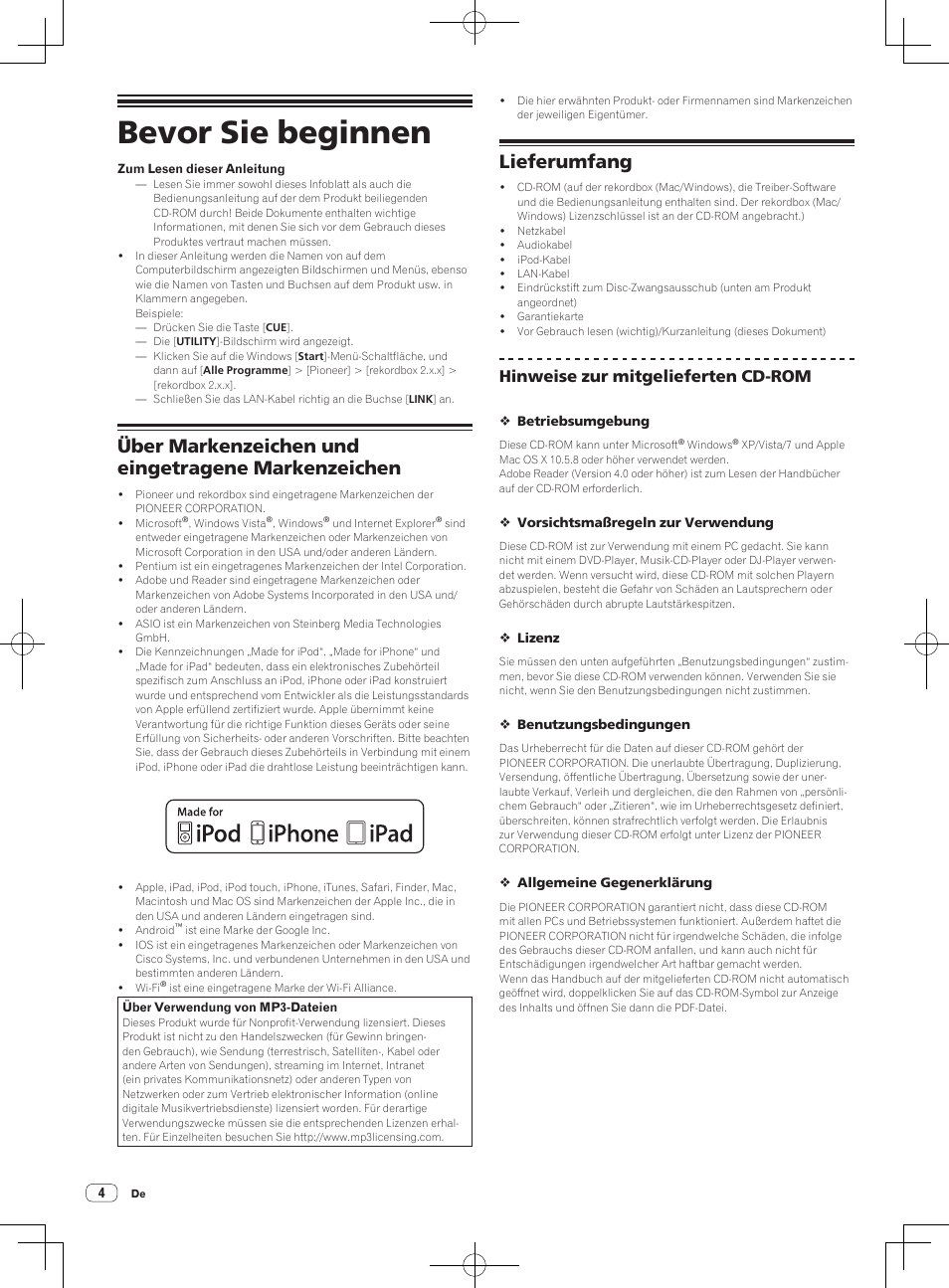 Bevor sie beginnen, Über markenzeichen und eingetragene markenzeichen, Lieferumfang | Hinweise zur mitgelieferten cd-rom | Pioneer CDJ-2000NXS User Manual | Page 32 / 116