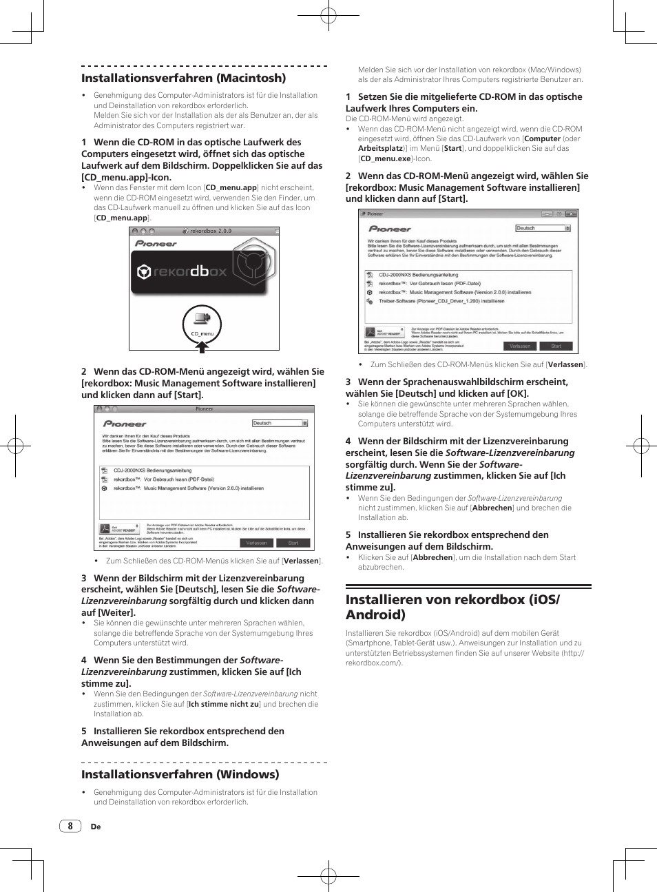 Installieren von rekordbox (ios/ android), Installationsverfahren (macintosh), Installationsverfahren (windows) | Pioneer CDJ-2000NXS User Manual | Page 36 / 116