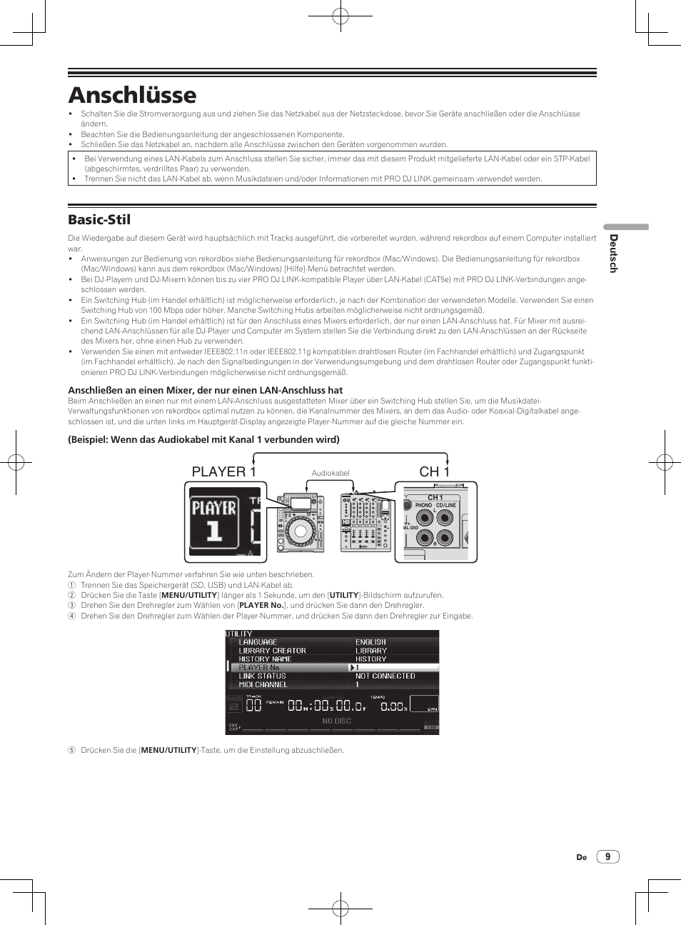 Anschlüsse, Basic-stil, Player 1 ch 1 | Pioneer CDJ-2000NXS User Manual | Page 37 / 116