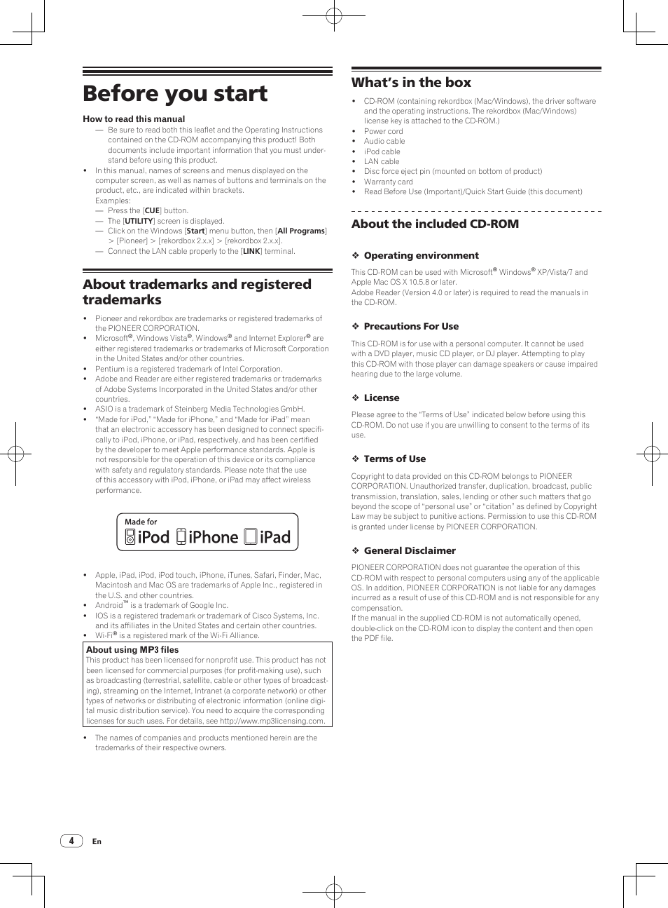 Before you start, About trademarks and registered trademarks, What’s in the box | About the included cd-rom | Pioneer CDJ-2000NXS User Manual | Page 4 / 116