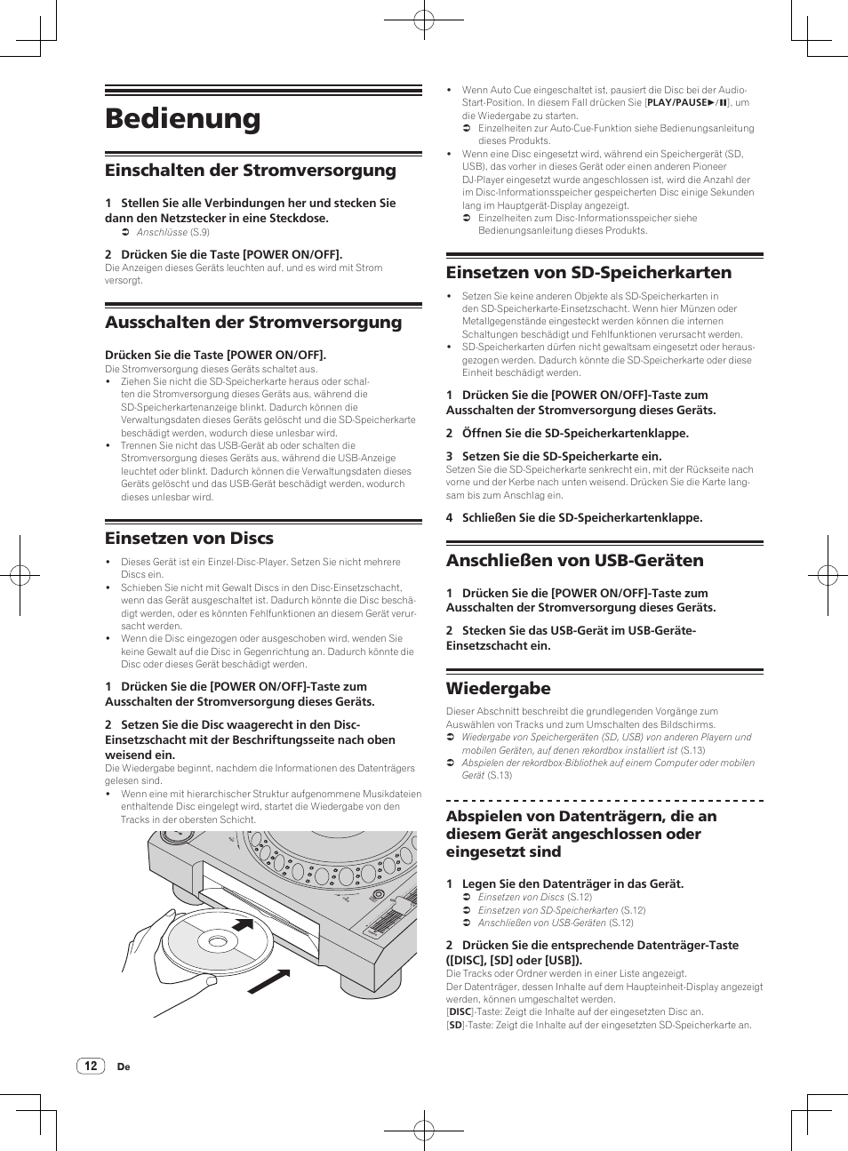 Bedienung, Einschalten der stromversorgung, Ausschalten der stromversorgung | Einsetzen von discs, Einsetzen von sd-speicherkarten, Anschließen von usb-geräten, Wiedergabe | Pioneer CDJ-2000NXS User Manual | Page 40 / 116