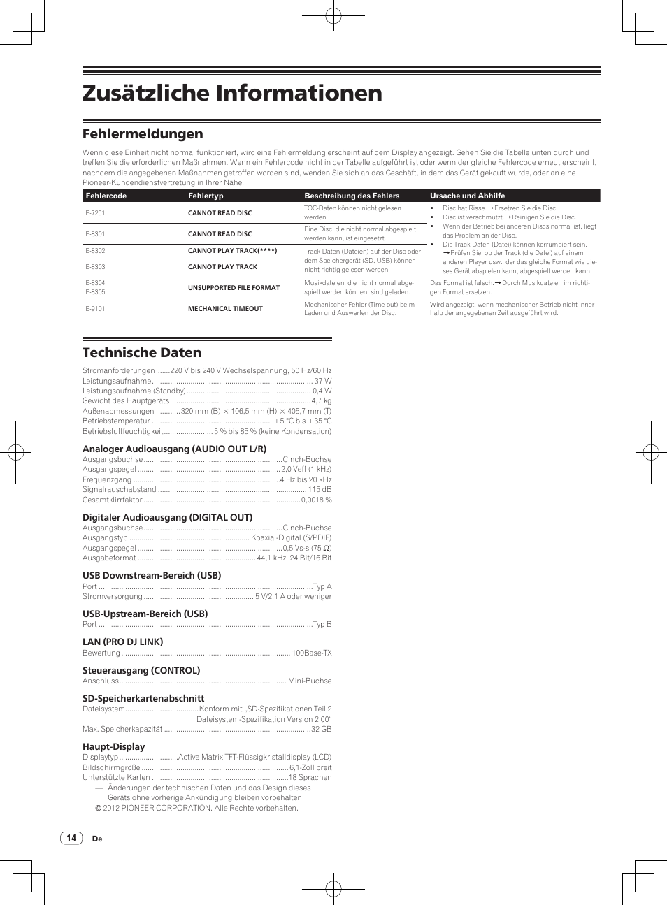 Zusätzliche informationen, Fehlermeldungen, Technische daten | Pioneer CDJ-2000NXS User Manual | Page 42 / 116