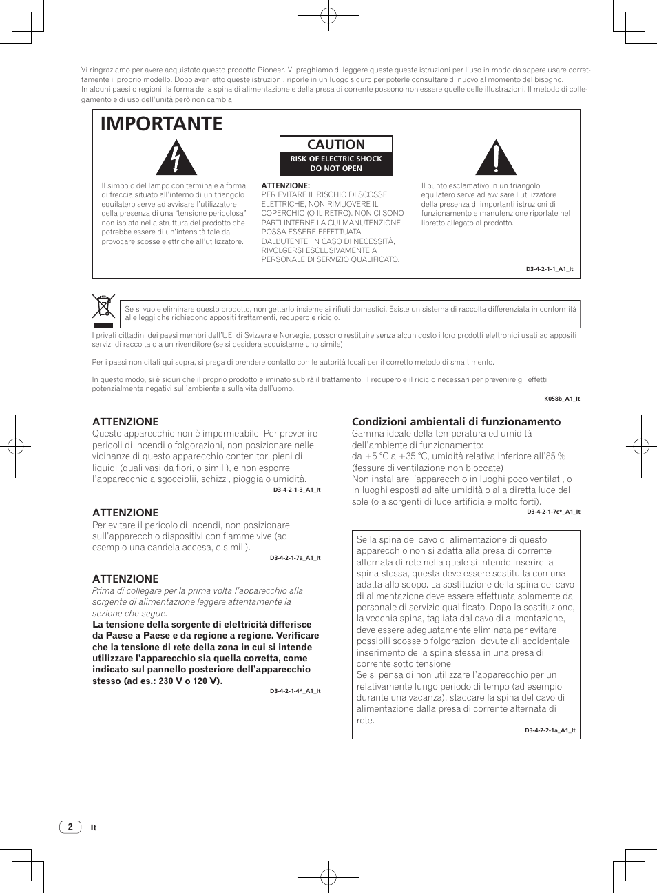 Lettore multiplo, Importante, Caution | Attenzione, Condizioni ambientali di funzionamento | Pioneer CDJ-2000NXS User Manual | Page 44 / 116