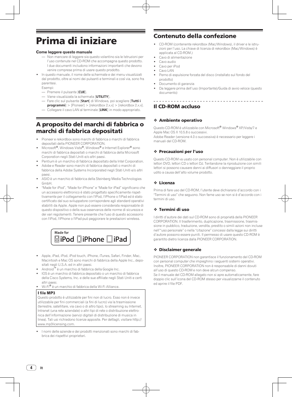 Prima di iniziare, Contenuto della confezione, Il cd-rom accluso | Pioneer CDJ-2000NXS User Manual | Page 46 / 116