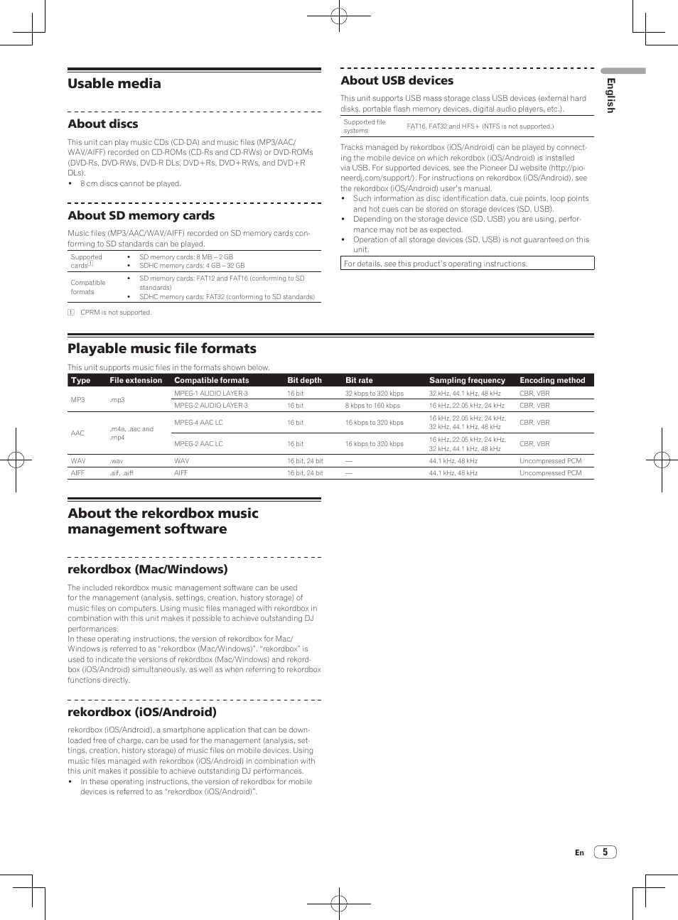 Usable media, Playable music file formats, About the rekordbox music management software | About discs, About usb devices, Rekordbox (mac/windows), Rekordbox (ios/android) | Pioneer CDJ-2000NXS User Manual | Page 5 / 116