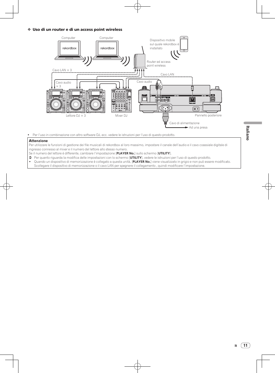 Italiano, Uso di un router e di un access point wireless, Attenzione | Pioneer CDJ-2000NXS User Manual | Page 53 / 116