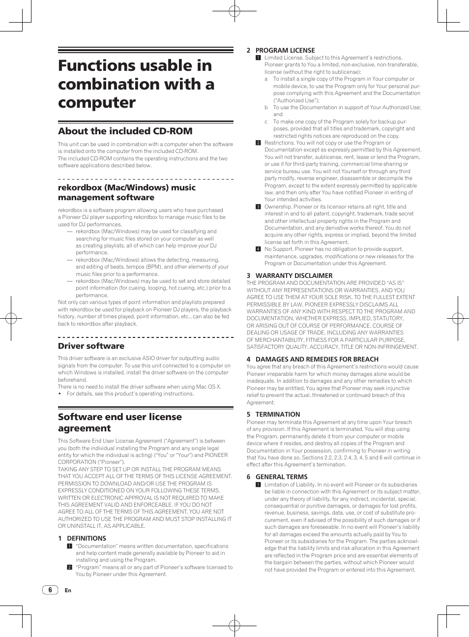 Functions usable in combination with a computer, About the included cd-rom, Software end user license agreement | Pioneer CDJ-2000NXS User Manual | Page 6 / 116