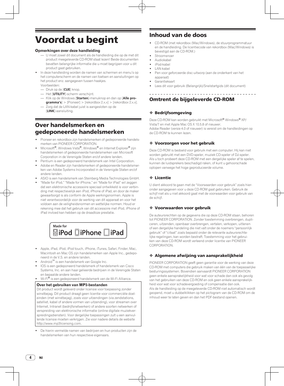 Voordat u begint, Over handelsmerken en gedeponeerde handelsmerken, Inhoud van de doos | Omtrent de bijgeleverde cd-rom | Pioneer CDJ-2000NXS User Manual | Page 60 / 116