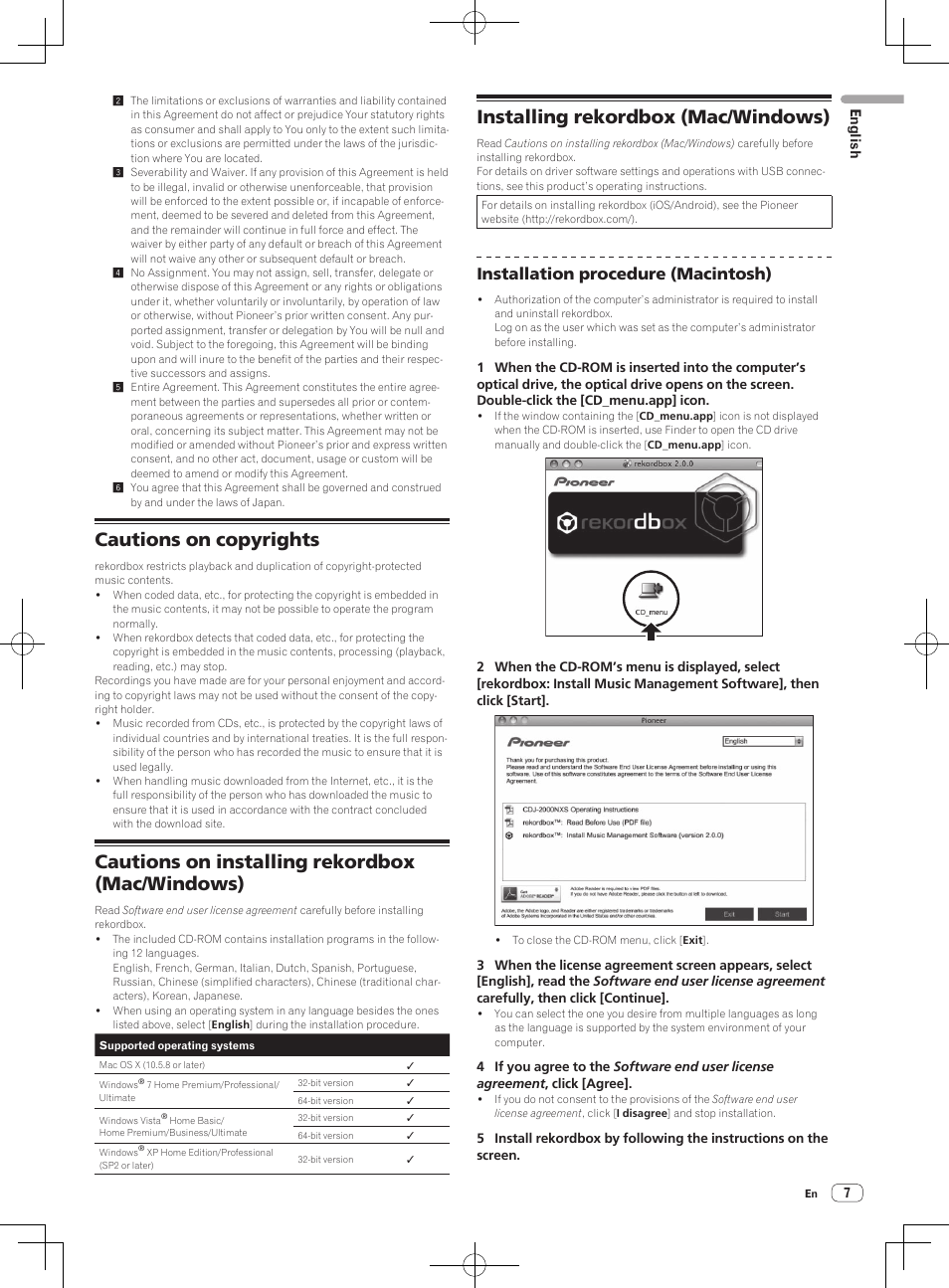 Cautions on copyrights, Cautions on installing rekordbox (mac/windows), Installing rekordbox (mac/windows) | Installation procedure (macintosh) | Pioneer CDJ-2000NXS User Manual | Page 7 / 116