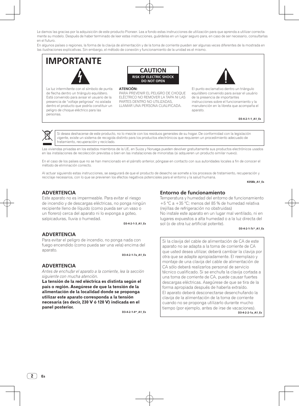 Multirreproductor, Importante, Caution | Advertencia, Entorno de funcionamiento | Pioneer CDJ-2000NXS User Manual | Page 72 / 116